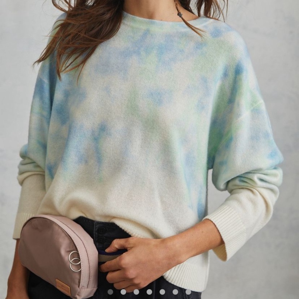 Anthropologie Kenna Cashmere Tie Dye Crewneck Sweater - White & Blue/Green XL